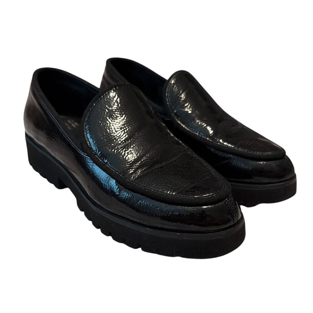 Donald Pliner Eclipse Black Crinkle Patent Leather Lug Sole Platform Loafers 7